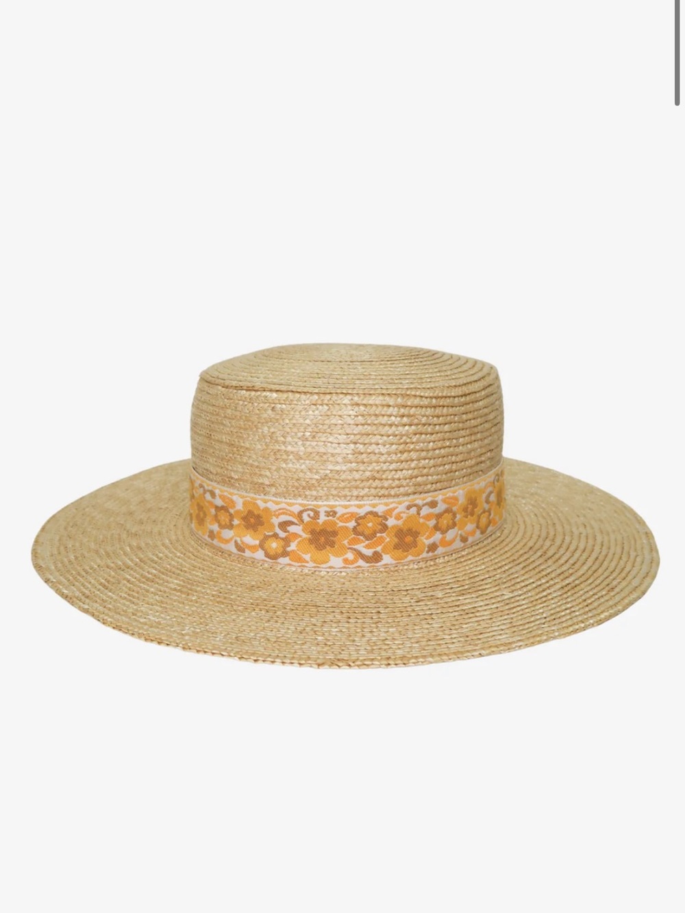 Lack Of Color Natural Straw Boater with Yellow Floral Trim